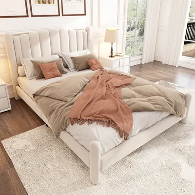 A bedroom scene with a bed, nightstand, and window.