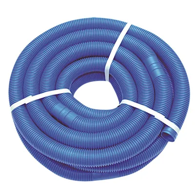 A coiled blue flexible hose secured with white straps, presented on a white background.