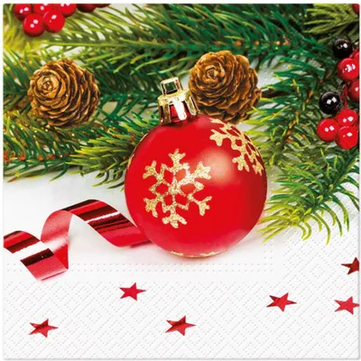 Produktbild von 20 Servietten Red Bauble - Rote Weihnachtskugel an Zweige 33x33cm