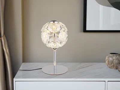 Produktbild von Globo Lighting Tischleuchte Metall verchromt, K9 Kristalle klar, Kabel PVC schwarz, Wippschalter am Kabel, ø: 150mm, H: 260mm, Kabellänge 1500mm, inkl. LED 8W 230V, 900lm Source, 600lm Output, 3000K