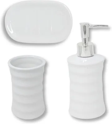 Produktbild von Famanu Badset Keramik – Weiße Badezimmeraccessoires mit Seifenspender, Zahnbürstenbecher und Seifenschale