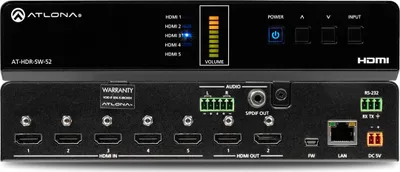 Immagine prodotto di Atlona AT-HDR-SW-51, 600 MHz, 10.100 Mbit/s, DTS, LPCM, 4:2:2, 4:4:4, 4:2:0, 4096×2160 (DCI) @ 24/25/30/50/60 Hz 3840×2160 (UHD) @ 24/25/30/50/60 Hz 1920x1080p @..., Nero