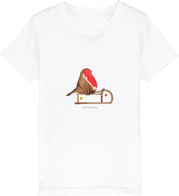 Produktbild von Mr. & Mrs. Panda Organic Kinder T-Shirt Rotkehlchen Schlitten 5-6 Jahre (110/116) - Weiß - Geschenk, Teenager, Weihnachten, Kindershirt, Kurzarm, für, Vogel, Kleinkinder