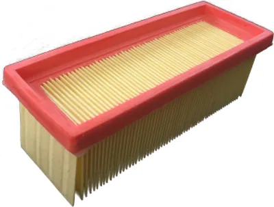A rectangular air filter with a red frame and pleated yellow filter material is shown against a white background.