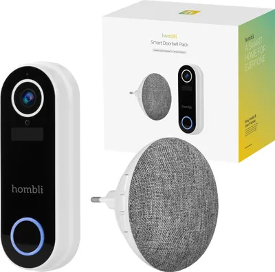 A smart doorbell and two smart speakers are displayed with their packaging.
