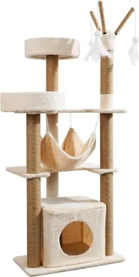 Obrázek produktu pro Škrabadlo 126 cm vysoké, stabilní strom pro kočky, velká prolézačka pro kočky s domečkem pro kočky, houpací síť, 2 plošiny, škrabadlo pro kočky, odnímatelný plyšový míč se zábavným šplhacím stromem pro kočky