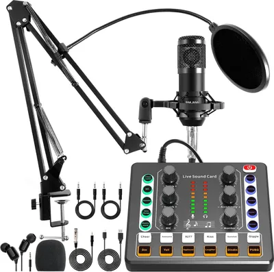 Produktbild von ZELURXX Tragbare Podcasting-Equipment-Set, Audio-Interface und DJ-Mixer und BM-800 Kondensatormikrofon, mit Mikrofonarm, Bluetooth, Schwarz