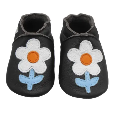 Produktbild von BEMUSE® Baby Krabbelschuhe aus Echtleder, weiche Lauflernschuhe für Mädchen&Jungen, rutschfeste Ledersohle,Schwarz,Blumenmotiv, Größe L (12–18 Monate)