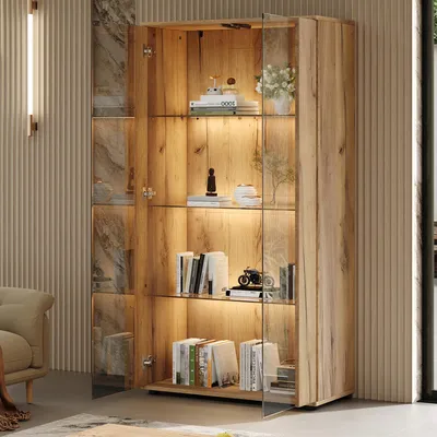 Produktbild von MODFU Glasvitrine mit 2 Türen,Standvitrine mit LED und verstellbaren Ablageflächen,modernes Hochschrank,Sideboard für Wohnzimmer,80×36×150.5cm,Natur