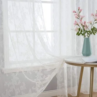 Productafbeelding van Famanu gordijnen met transparante kantrand - set van 2 - lichtdoorlatend - 150 x 225 cm - wit