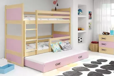 Produktbild von Kinderhochbett mit Zustellbett ohne Matratzen 80x190 FERGUS – Kiefer / Rosa