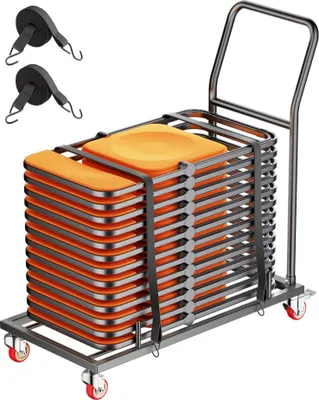A cart filled with stacked orange chairs, secured with black straps.