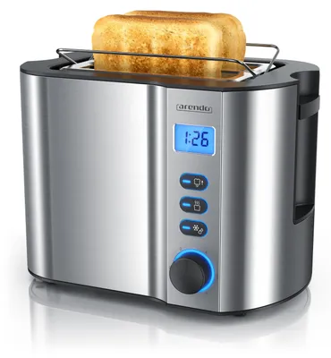Produktbild von Arendo Toaster für 2 Scheiben mit Restzeitanzeige, 800W, wärmeisolierendes Doppelwandgehäuse, Brötchenaufsatz, Auftaufunktion, Silber