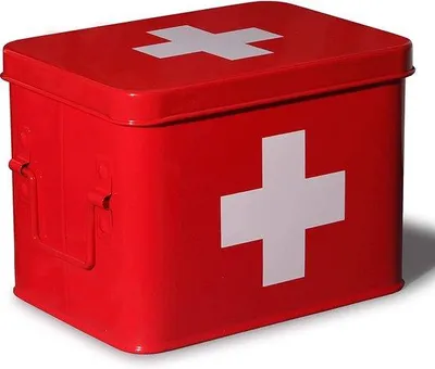 Produktbild von Unyqoos® Theo&Cleo Erste-Hilfe-Kasten aus Metall – Medikamentenbox klein 22 x 16 x 16 cm, retro, rot