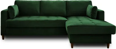 A green sectional sofa with tufted cushions and wooden legs, shown from the front against a white background.