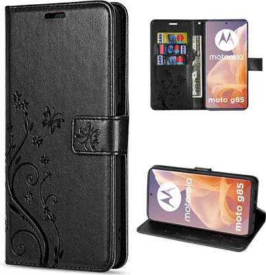 A collage of images showing a black leather phone case with floral and butterfly embossing, and a depiction of a Motorola Moto G85 phone inside the case.