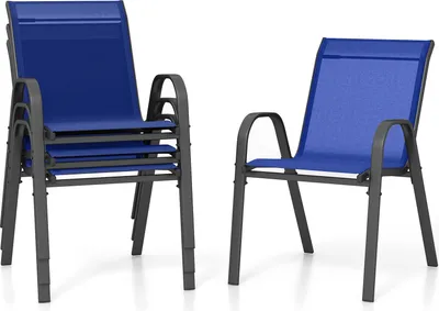 A stack of blue outdoor chairs and a single blue outdoor chair against a white background.