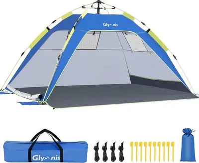 Image de Tentes de plage automatiques avec fermeture éclair, protection UV, protection contre le vent, bleu, 3-4 personnes