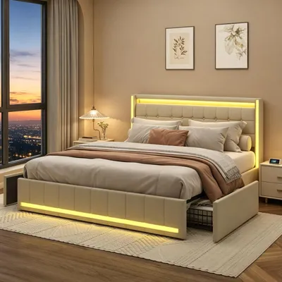 Produktbild von INONEFT Bett 160×200 mit Stauraum, 4 Schubladen, Polsterbett mit LED-Beleuchtung, Type-C und USB Anschlüsse, Leinen, Beige, ohne Matratze