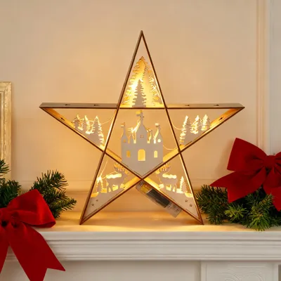 LED-Holzstern 30 cm, warmweiß, batteriebetrieben, Weihnachtsdeko