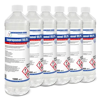 Produktbild von Ravensberger Chemie Isopropanol 99,9 % – hochreiner Alkohol zum Reinigen & Entfetten, rückstandsfrei, für Technik, Werkstatt & Industrie - 6x 1 Liter