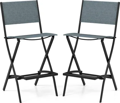 Two gray and black folding bar stools are shown against a white background.