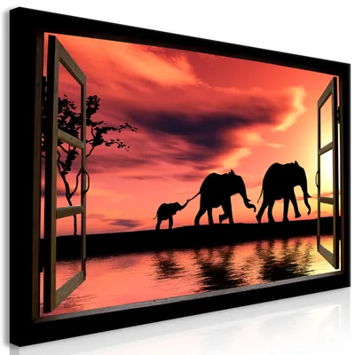 Image de Tableau mural Mega XXXL Fenêtre 250 x 125 cm Impression artistique au format XXL en une seule pièce à monter soi-même Tableaux sur toile Tableaux modernes Décoration murale DIY Décoration d'intérieur Éléphant d'Afrique c-C-0376-ak-e