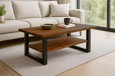 A modern living room with a couch, coffee table, and a large window.