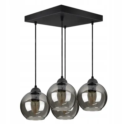 A black multi-pendant light fixture with four smoked glass globes.