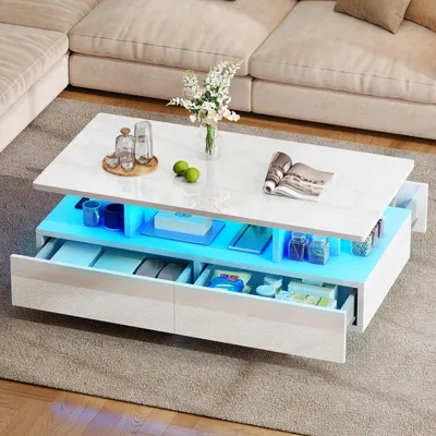 Obrázek produktu pro Moderní konferenční stolek s vysokým leskem, LED osvětlením, úložným prostorem a 4 zásuvkami, rozměry 90x55x41,1 cm, bílá barva