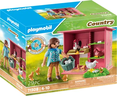 A Playmobil Country chicken coop playset with figures and accessories, shown on its packaging.