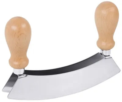 Produktbild von Doppel-Wiegemesser einschneidig, aus X65CrMoV15-Stahl, seidenmatt poliert,  mit Griffen aus schwarzem Polyethylen, extra schwere Qualität