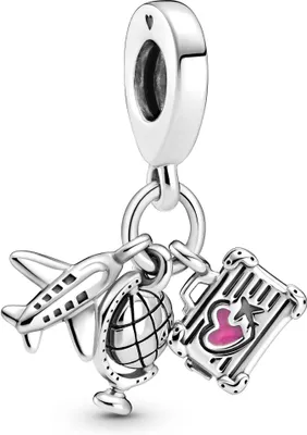 A silver charm with airplane, globe, and suitcase motifs.