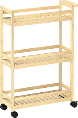 Image de Chariot de service en bambou à 3 étages, chariot de cuisine à roulettes, chariot polyvalent avec poignée, chariot de rangement pour le bureau, le salon ou la cuisine, 55 x 20 x 75 cm