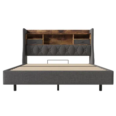 Produktbild von Flieks Polsterbett 140x190cm mit USb & Type-c, Doppelbett Jugendbett mit Led, Holzbett Stauraumbett mit Ablagen und Schubladen, Leinen, Grau