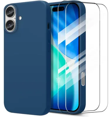 Image de Coque + 2 Verres Trempés pour iPhone 17, Silicone Liquide Protection Slim Antichoc Bleu Marine