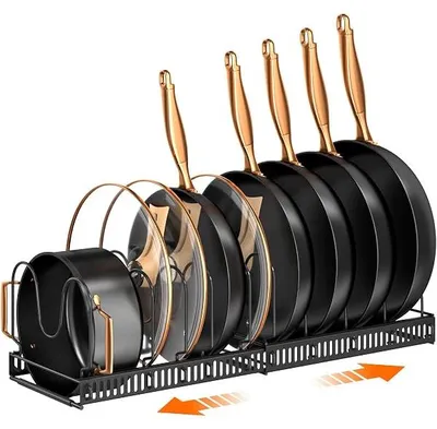 Produktbild von Töpfe und Pfannen Organizer, Erweiterbarer Küchenschrank Organizer mit 10 Verstellbaren Fächern Ideal für Schneidebretter, Gusseisenpfannen und Kochzubehör Topfdeckelhalter, Schwarz