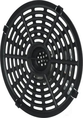 A black fryer replacement grill pan with a circular grate design.