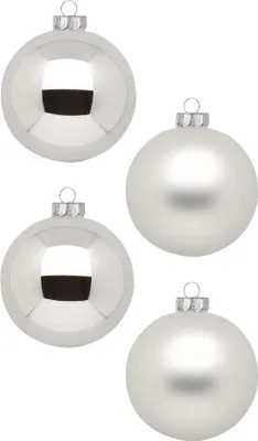 Four silver Christmas ornaments are arranged in a grid on a white background.