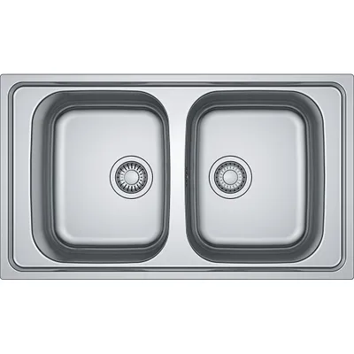 A top-down view of a double stainless steel sink.