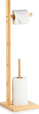 A freestanding wooden toilet paper holder with two rolls of toilet paper.