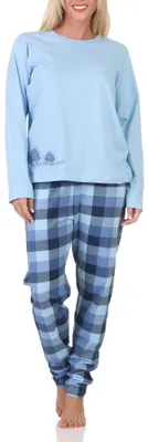 Produktbild von Normann Damen Jersey Schlafanzug langarm Pyjama mit karierter Hose und Tiermotiv ; hellblau , 44