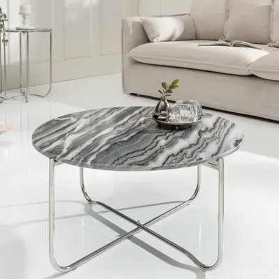 Produktbild von riess-ambiente Runder Couchtisch NOBLE 65cm grau Marmor abnehmbare Tischplatte klappbar silber Metall Beistelltisch Tisch