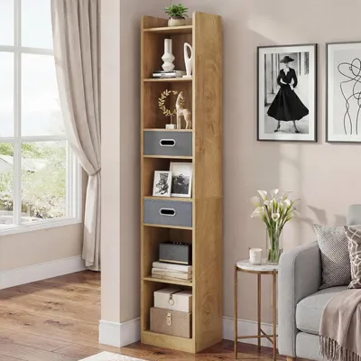 Produktbild von Bücherregal Eckregal Standregal, mit 5 Ebenen und 2 Stoffschubladen, Büroregal, 30 × 24 × 180 cm, Braun