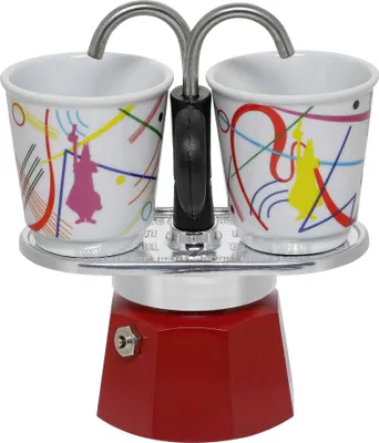 A Bialetti MINI EXPRESS coffee maker with two cups, designed in the style of Kandinsky.