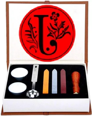 Produktbild von Famanu Wachssiegel Stempelset - Buchstabe J - Versiegelungsstempel Kit - Holzgriff - Kupferstempel - Wachssticks - Schmelzlöffel - Weiße Kerzen