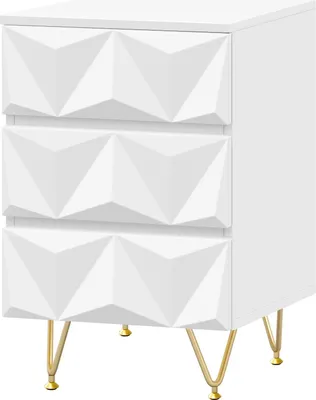 A white nightstand with a geometric textured front and gold legs, shown from a front-diagonal angle against a white background.