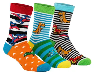 Produktbild von Dinosaurier Socken Kinder Jungen 3er Pack – Bunte Strümpfe mit Dino Motiv – für Alltag Schule Freizeit, Größe:23-26