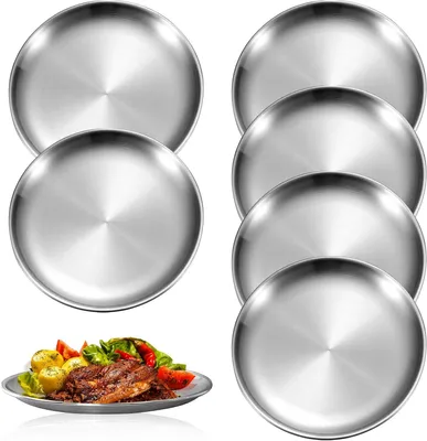 Produktbild von Edelstahl-Teller, rund, 20 cm, 6 Stück, robustes Geschirr für Camping und Küche