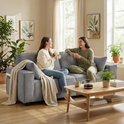 Zdjęcie produktu dla Trójelementowa sofa z sprężynami kieszeniowymi, obita tkaniną typu cord, z szerokimi podłokietnikami, 2 poduszki, wymiary: 218x79x91 cm, kolor: jasnoszary